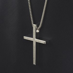 18ct White Gold 0.41ct Diamond Cross & Franco Chain 18″