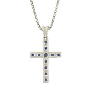 18ct White Gold 0.10ct Diamond 0.15ct Sapphire Cross Necklace 18″