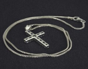 18ct White Gold 0.10ct Diamond 0.15ct Sapphire Cross Necklace 18″
