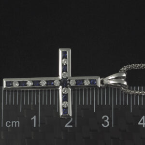 18ct White Gold 0.10ct Diamond 0.15ct Sapphire Cross Necklace 18″