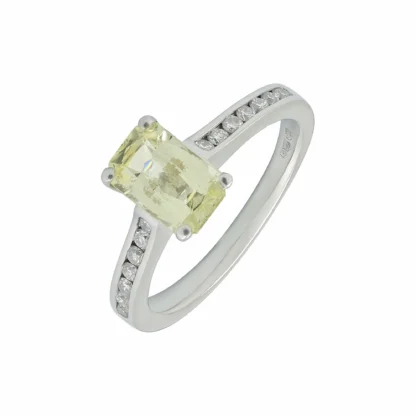 Platinum 1.20ct Emerald Cut Yellow Sapphire And 0.06ct Diamond Ring