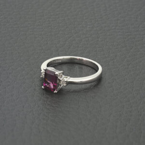 18ct White Gold Emerald Cut Rhodelite Garnet And Diamond Ring