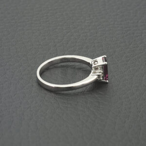 18ct White Gold Emerald Cut Rhodelite Garnet And Diamond Ring