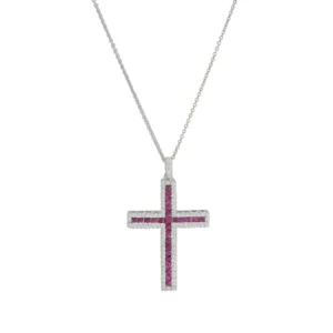 18ct White Gold Ruby and 0.50ct Diamond Cross Necklace 18&#8243;