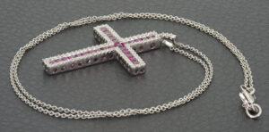 18ct White Gold Ruby and 0.50ct Diamond Cross Necklace 18&#8243;