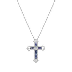 18ct White Gold Sapphire And 0.50ct Diamond Cross Necklace 16&#8243;