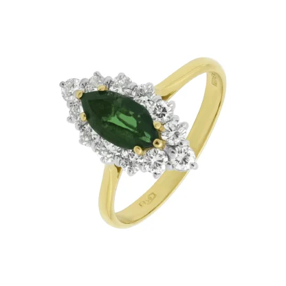 18ct Yellow Gold 0.50ct Diamond & 0.60ct Emerald Marquise Cluster Ring