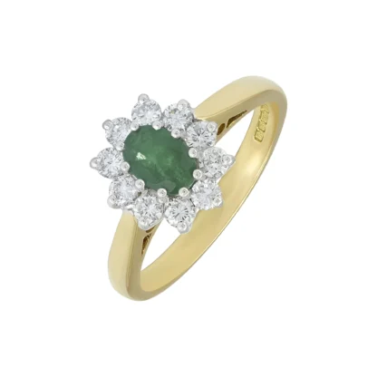 18ct Yellow Gold Emerald And 0.30ct Diamond Cluster Ring