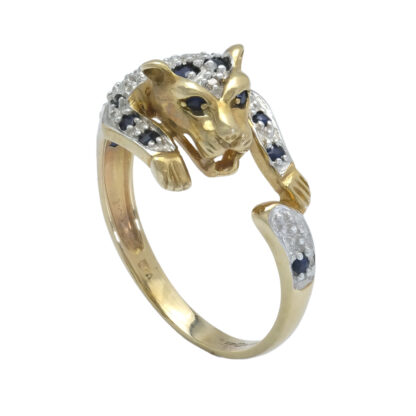 9ct Yellow Gold Sapphire & Diamond Panther Ring