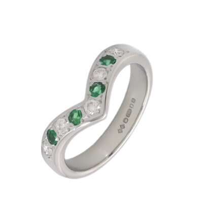 18ct White Gold 0.15ct Diamond & Emerald Wishbone Ring
