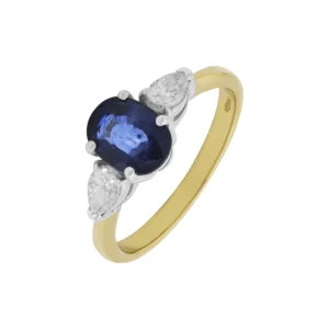 18ct Yellow Gold 0.50ct Diamond &#038; 1.38ct Sapphire 3 Stone Ring