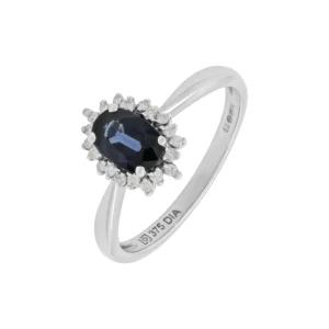 9ct White Gold 0.10ct Diamond &#038; Sapphire Cluster Ring