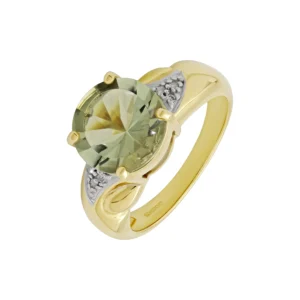 9ct Yellow Gold Diamond &#038; Green Amethyst Ring