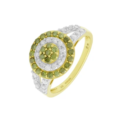 9ct Yellow Gold 0.75ct Green & White Diamond Cluster ring
