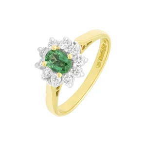 18ct Yellow Gold 0.25ct Diamond & 0.35ct Emerald Cluster Ring