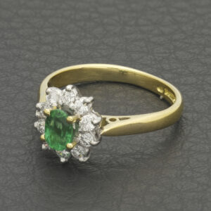 18ct Yellow Gold 0.25ct Diamond &#038; 0.35ct Emerald Cluster Ring