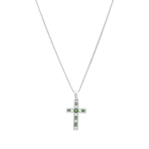 18ct White Gold 0.09ct Diamond & 0.10 Emerald Cross Necklace 18″