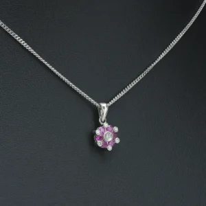 18ct White Gold 0.04ct Diamond And 0.60ct Ruby Necklace 16″ 1.5mm