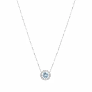 18ct White Gold 0.03ct Diamond And 0.91ct Aquamarine Halo Necklace 18”
