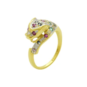 9ct Yellow Gold Ruby, Sapphire And Emerald Panther Ring