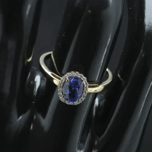 9ct Yellow Gold 0.70ct Tanzanite & 0.10ct White Zircon Halo Ring