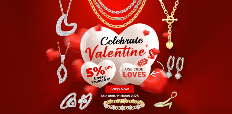 Celebrate Valentine's with 5% off all jewellery – rings, chains, bracelets, pendants, earrings, and necklaces. Use code LOVE5. Offer ends 1st March 2025.