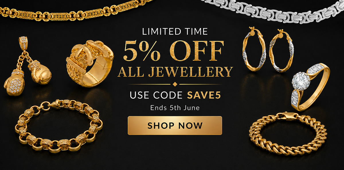Britannia Jewellery 5% off all jewellery sale banner featuring gold rings, bracelets, earrings and chains with code SAVE5
