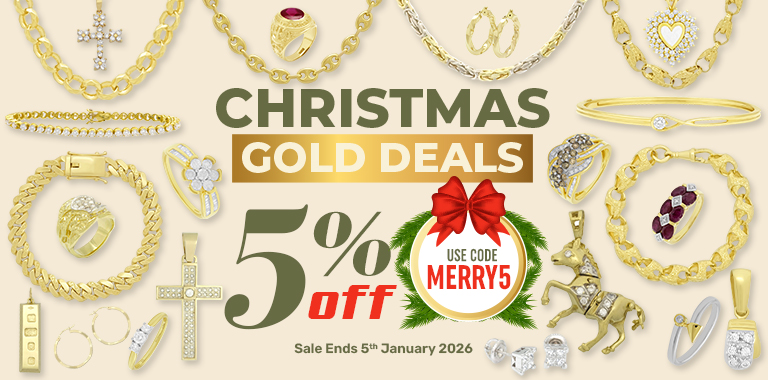Christmas gold jewellery sale banner showing 5% off all jewellery with code MERRY5, including gold chains, rings, bracelets, pendants and earrings. Offer ends 5th January 2026.
