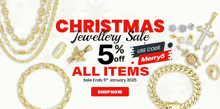 Christmas Jewellery Sale: 5% off all rings, chains, bracelets, pendants, earrings, and necklaces. Use code Merry5. Sale ends 5th January 2025.