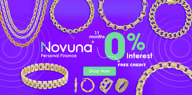 Shop brand new 9ct and 18ct gold, white gold, and diamond jewellery with Novuna Personal Finance: 11 months 0% interest-free credit on bracelets, rings, chains, earrings, and pendants in timeless designs like belcher, gypsy, cuban, and cross.