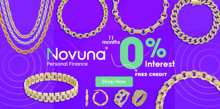 Shop brand new 9ct and 18ct gold, white gold, and diamond jewellery with Novuna Personal Finance: 11 months 0% interest-free credit on bracelets, rings, chains, earrings, and pendants in timeless designs like belcher, gypsy, cuban, and cross.